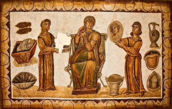In the center, a woman sits on an ornate chair wearing rich robes and jewelry. On either side of her, a man and woman are holding out objects to her. Behind each of them are an array of objects.