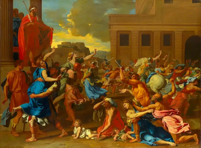 A chaotic battle scene in ancient Rome in which armed soldiers try to grab and carry off women as their kinsmen try to fight the invaders