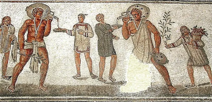 In the center, two men in short toga-style clothes are holding out bowls while facing each other. Their bowls are being filled from amphorae by large men with pronounced muscles. Behind them, two other figures linger in the scene.