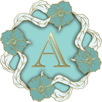 The letter A in gold on a mint blue field surrouned by a circle of blue and gold flowers linked by white and gold long leaves