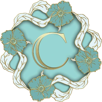 The letter C in gold on a mint blue field surrouned by a circle of blue and gold flowers linked by white and gold long leaves