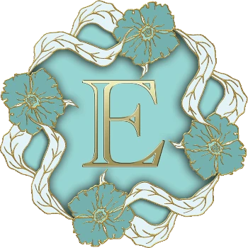 The letter E in gold on a mint blue field surrouned by a circle of blue and gold flowers linked by white and gold long leaves