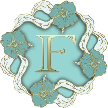 The letter F in gold on a mint blue field surrouned by a circle of blue and gold flowers linked by white and gold long leaves