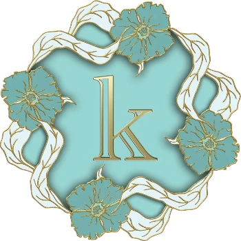The letter K in gold on a mint blue field surrouned by a circle of blue and gold flowers linked by white and gold long leaves