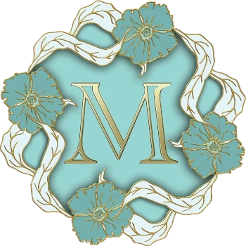 The letter M in gold on a mint blue field surrouned by a circle of blue and gold flowers linked by white and gold long leaves
