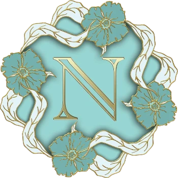 The letter N in gold on a mint blue field surrouned by a circle of blue and gold flowers linked by white and gold long leaves