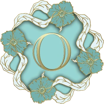The letter O in gold on a mint blue field surrouned by a circle of blue and gold flowers linked by white and gold long leaves