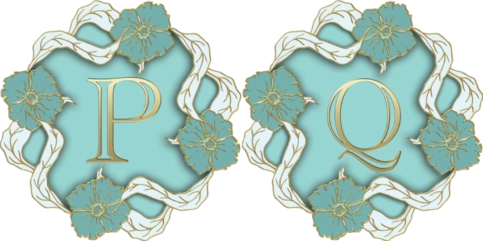 The letters P and Q in gold on a mint blue field surrouned by a circle of blue and gold flowers linked by white and gold long leaves