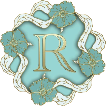 The letter R in gold on a mint blue field surrouned by a circle of blue and gold flowers linked by white and gold long leaves