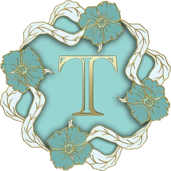 The letter T in gold on a mint blue field surrouned by a circle of blue and gold flowers linked by white and gold long leaves