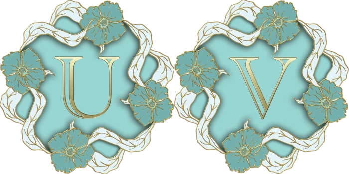 The letters U and V in gold on a mint blue field surrouned by a circle of blue and gold flowers linked by white and gold long leaves