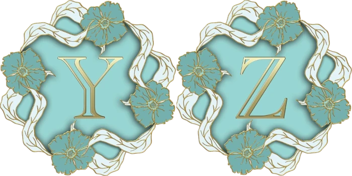 The letters Y and Z in gold on a mint blue field surrouned by a circle of blue and gold flowers linked by white and gold long leaves