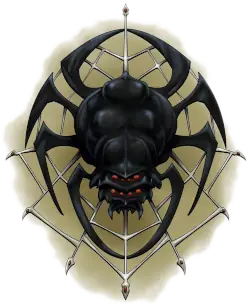 A large black spider with a round bulbous body hangs at the center of its web with two rows of red eyes.