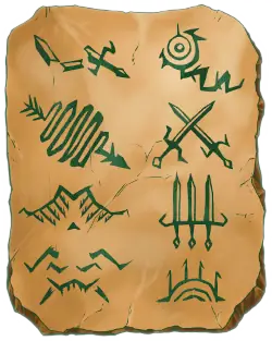 On a beige stone tablet are eight green symbols. To the left, one is a sword broken in three pieces, another a stylized arrow, one appears to be a mountain, the last are lines that may make a demonic face. To the right, a forked line leads to a circle, a pair of crossed swords, three daggers attached to each other, and a round hill appear.