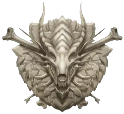On a heraldic shield made of bone, a draconic skull smiles wickedly at the center with large, long bones jutting beyond the shield on either side of its head.