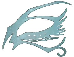 Light blue scrollwork outlines an eyebrow, one eye with feathery markings below it, and a stylized line below the eye.
