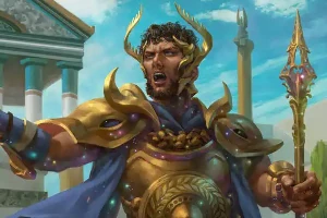 A man with tawny skin and curly brown hair and beard stands in ornate golden armor with his mouth open as he orates. He holds a golden spear in his left hand. He gestures out to his side with his right hand.
