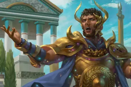 A man with tawny skin and curly brown hair and beard stands in ornate golden armor with his mouth open as he orates. He gestures out to his side with his right hand