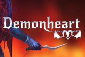 The Demonheart title and logo in silver float before a firey background.