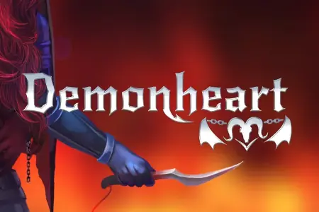 The Demonheart title and logo in silver float before a firey background