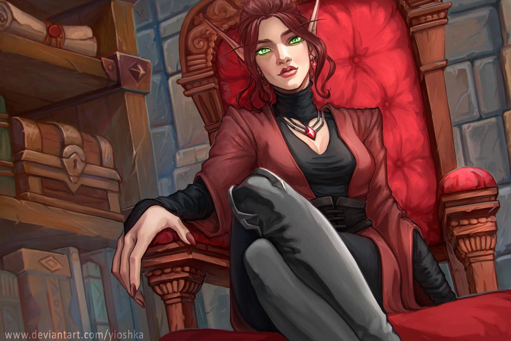 A young elven woman with long, sharp ears and upswept red hair looks at the viewer with slightly glowing green eyes. She sits in an ornately carved wooden chair with rich red cushioning. Wearing red, black, and gray, she sits with her legs crossed and one hand on an armrest.