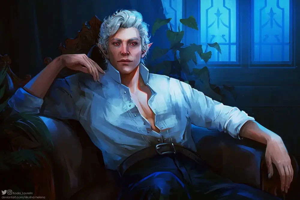 In a dark room washed in dim blue light, Astarion the vampire leans back on an ornate chair. His light peach skin stands out from his white hair, which curls against his head, and his white shirt. His red eyes are directed at the viewer.