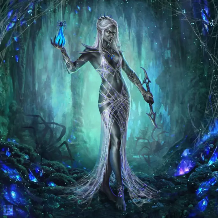 A drow woman with white hair and red eyes is dressed in webbing. She holds up a glowing blue bottle in her right hand and holds a weapon with two blades on either end in her other hand.