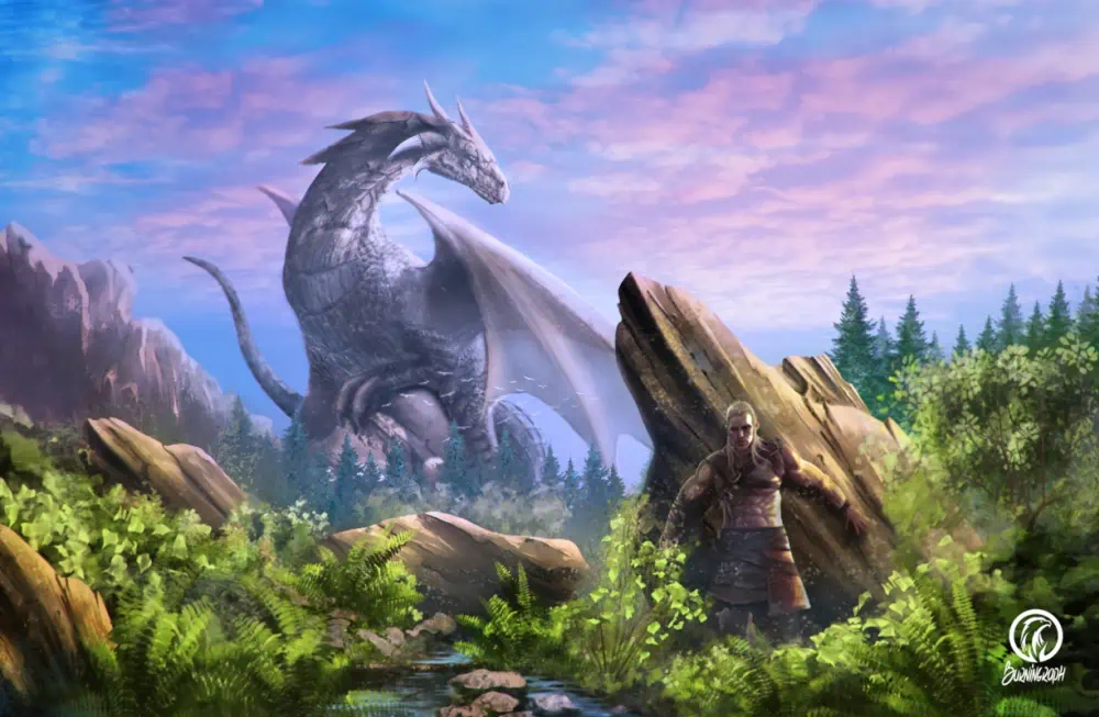 A young bare-chested man wearing armor pieces hides behind a rock from a gray dragon perched on a rock in the mid-distance. Around them, rocks protrude through green bushes.