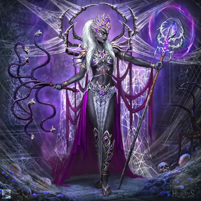 A gray-skinned drow with waist-length white hair wears a bra, greaves, and belt embellished with silver and purple. Spider legs rise from her back and curl just over her head. In her left hand, she bears a silver and gold staff topped with a spidery symbol. In her right hand, she bears a whip of live snakes.