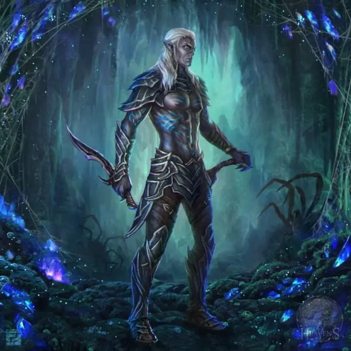 A gray-skinned drow with white hair falling past and over each shoulder stands with his shoulders, forearms, waist, and shins in black and silver armor. His bare chest gleams with blue lines and his feet are in boots. His has swords in each hand.