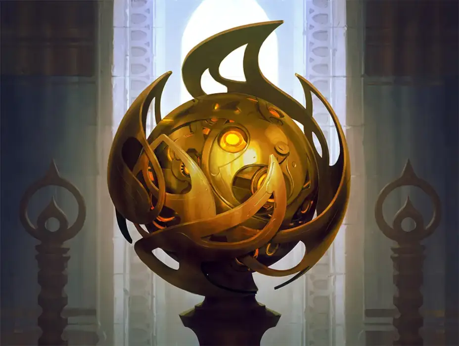 In a dim stone room, set before a window, a golden metallic structure sits on a pedestal. Interlocking orbs with holes form the core while sheets of metal shaped like flames encircle it.