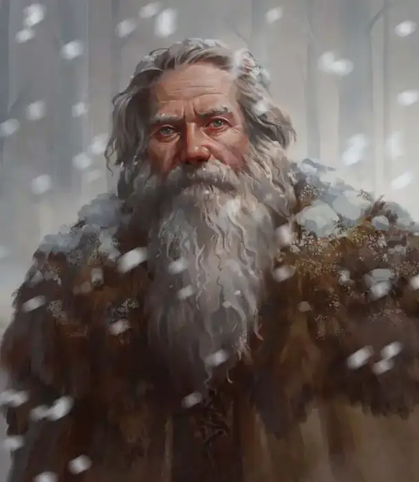 An elderly man with a long white beard and white shaggy hair looks at the viewer with wise, steady blue eyes. His brown cape has thick brown furs at the shoulders. Behind him, a forest blanketed in white; in front of him, some flakes of snow fly by.