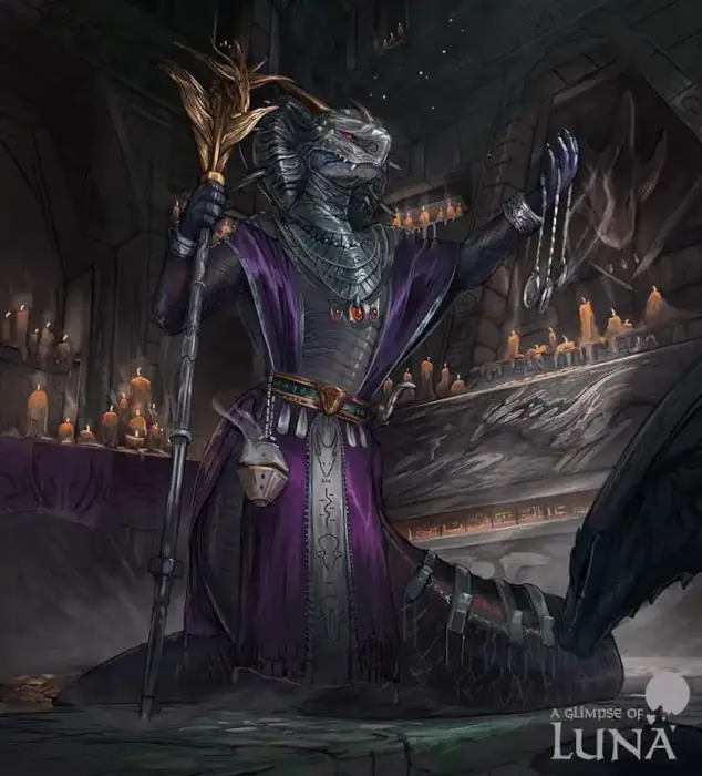 A character with gray scales, a snake-like tail, a humanoid torso, and a snake-like head wears rich purple sashes lined in silver. In their right hand, they hold onto a staff with a silvery pole that's topped with a gold dragon bust. Their left hand holds up a necklace. Behind them, stone walls are lit by many candles.