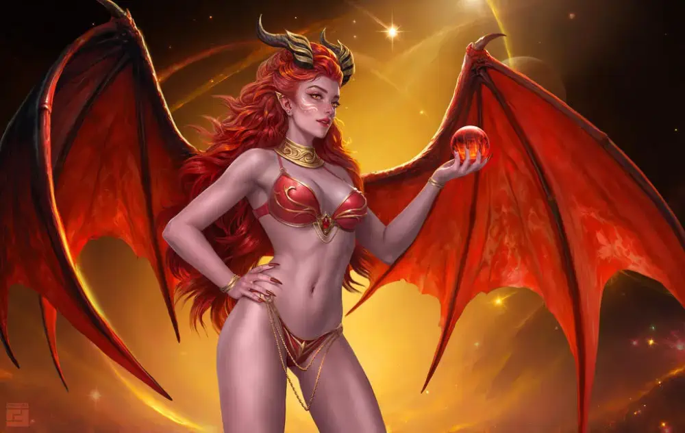A gorgeous succubus with horns on her head and a cascade of fire-red hair has matching red wings spread out on either side of her and wears a red bikini with gold embellishments. She holds one hand on her right hip while her left hand holds a glowing red sphere the size of an apple.