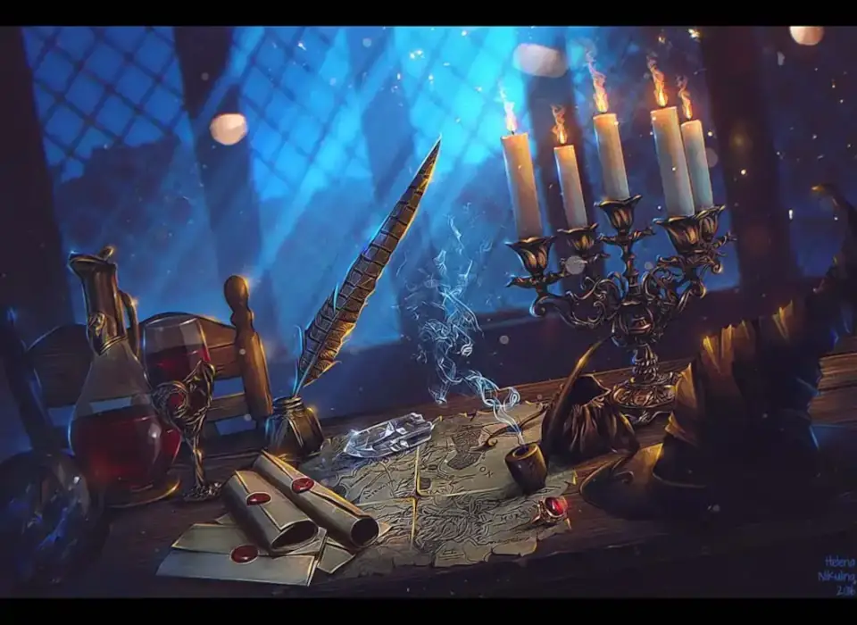 Large windows loom behind a wooden table and chair. Moonlight rays fall on the table's contents: a lit candelabra, a pitcher and goblet of wine, several sealed scrolls, a tattered map, an ink bottle and quill, a gold ring with a red stone, a wizard's hat, and a still-smoking pipe.