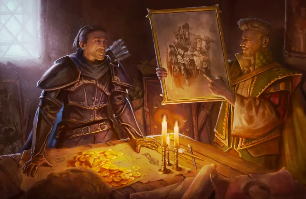 A man in dark armor smiles over at a gent in rich robes who's holding up a portrait of three adventurers in a golden frame. They're standing at a wooden table with lit candles and many gold coins spread over it.