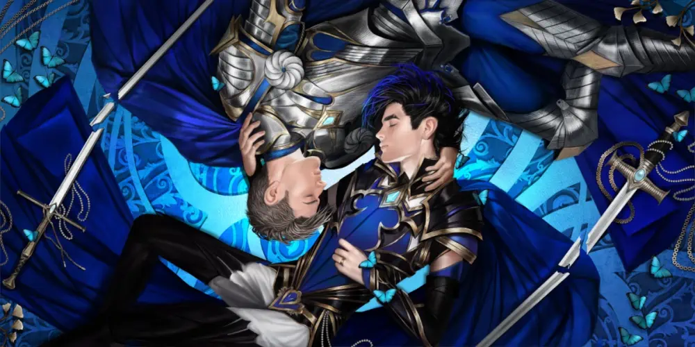 A man with dark hair and rich blue and black clothes lays on the floor with a blond man in silvery armor. Both have gold embellishments and rich blue cloaks and has a hand at the back of the other man's head. The blond man is laying above the other.