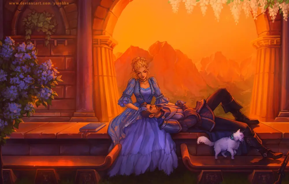 A young woman with blond upswept hair, wearing a lacy blue dress, runs her fingers through the hair of a young armored man who's laying on the stone ledge she's sitting on. A pillared archway opens on a mountain scene behind them that's bathed in warm light.