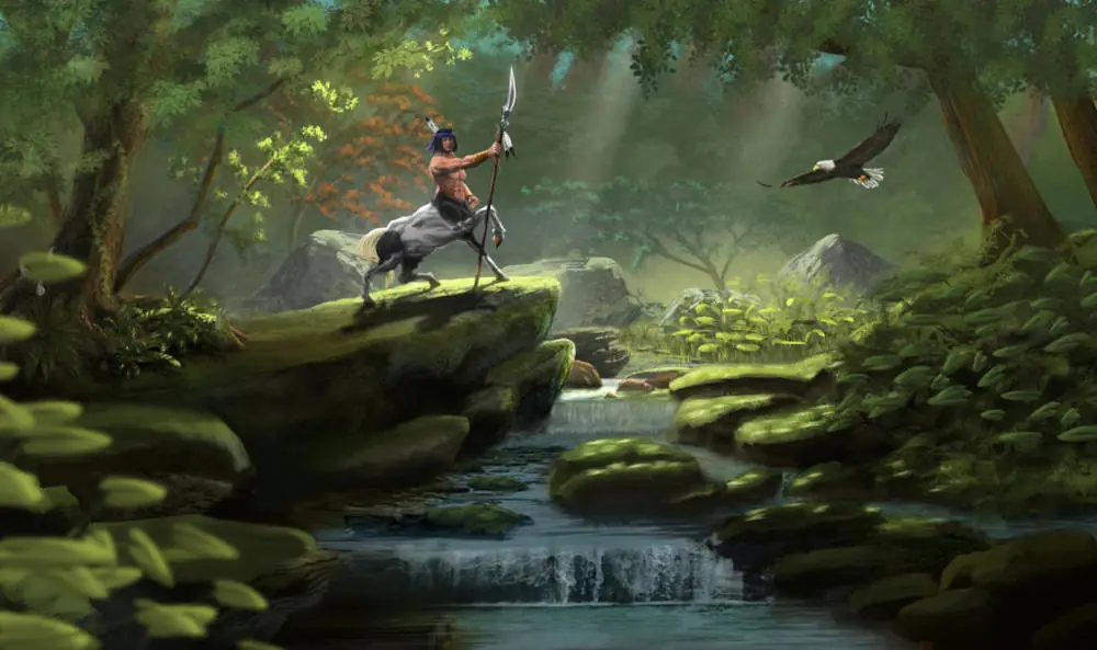 A centaur with chin-length dark hair raises one leg and holds up a spear in his right hand and looks at the viewer. He stands atop a large boulder with a stream flowing below it cutting through the forested scene of moss-coated rocks and trees.