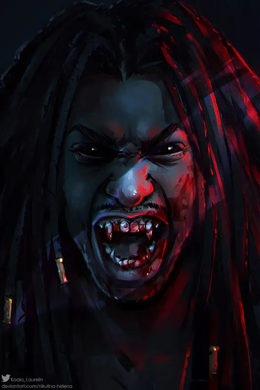 A Black man whose braided hair ends in gold tips reveals his completely black eyes and bloody vampiric teeth