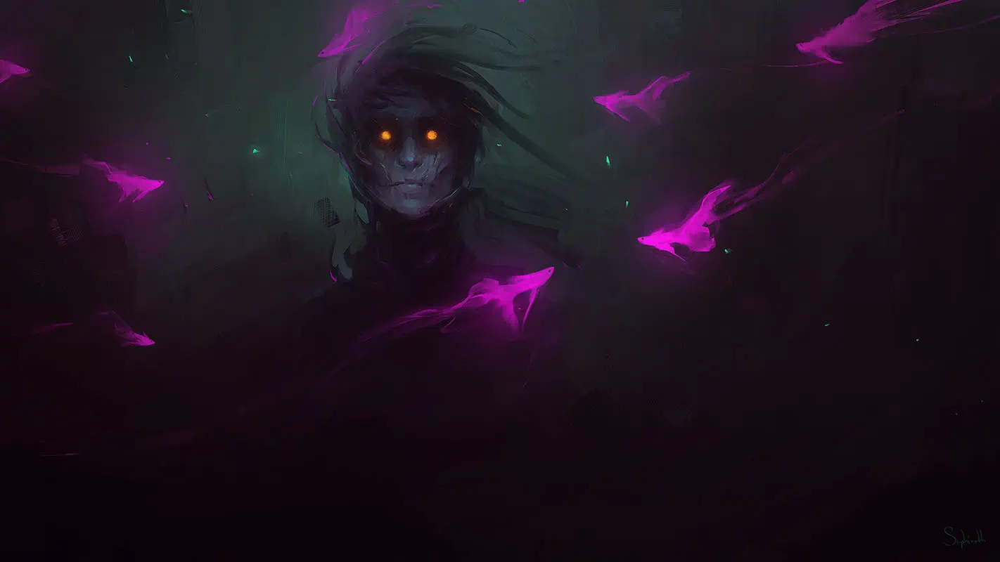 A humanoid figure with dusky gray skin and glowing yellow eyes watches while rows of glowing purple fish swim in the air before him