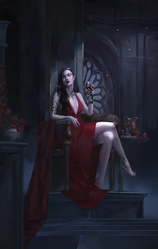 A pale vampire woman in a red dress sits on a throne and raises a wine glass of blood with one hand
